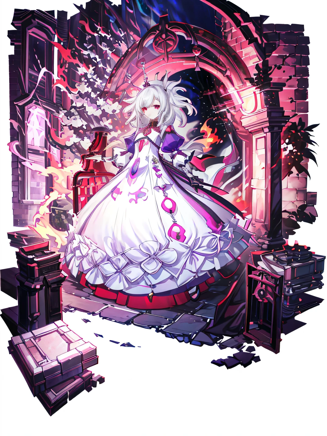 1Girl, white hair, puffy white sleeves, ((purple dress)), ((Long dress)), noble evening dress, red eye, ((Fire magic)), ((stone gate behind)), full body, The stone floor is cracked, black tree, dark