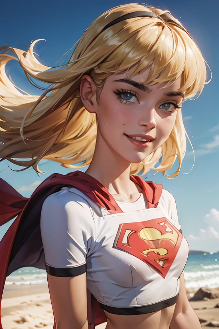 ((full body photo, standing))  supes, blonde hair, blue eyes, crop top, midriff,cape headband, red lips, looking at viewer, smiling,  close up portrait, 
outside, blue sky,  extreme detail, hdr, beautiful quality, 