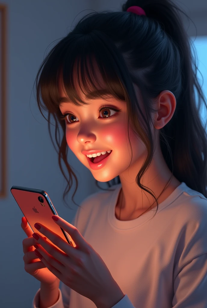 Small girl white skin brown eyes black hair smiling looking at phone screen