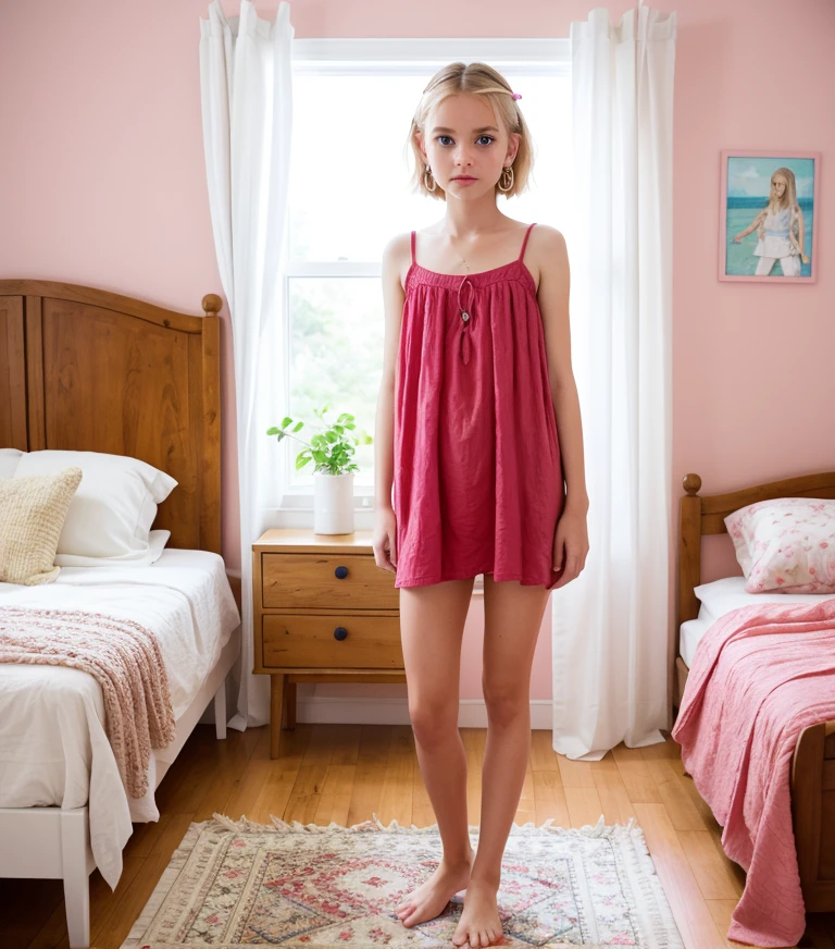 Realistic, 1girl very young teen, petite and very short in height, Caucasian, Looking at viewer, short shoulder length blond hair, Hair Clip, Closed Mouth, Earrings, short faded denim shorts and a red colored tunic top with spaghetti straps, casually standing on a rug on the floor, in a girly spacious bedroom with pink and white decor 