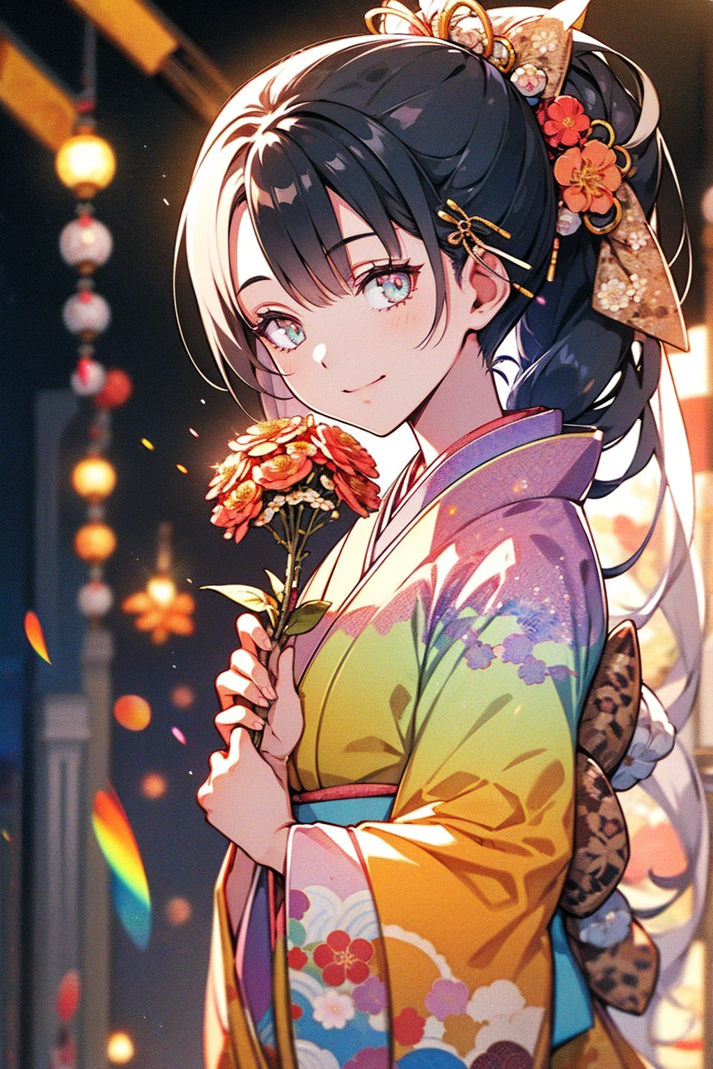 Japanese Girls, 8k, Highest quality, masterpiece, Fantasy, Photorealistic ultra-detailed, One Girl, cute, The best smile, Beautiful Eyes, black hair, ponytail, Perfect Face, ((holding a flower in her hand)), mirrornun, japanese clothes, kanzashi, hairpin, kimono, floral print, Particles of light, Glitter, Lens flare