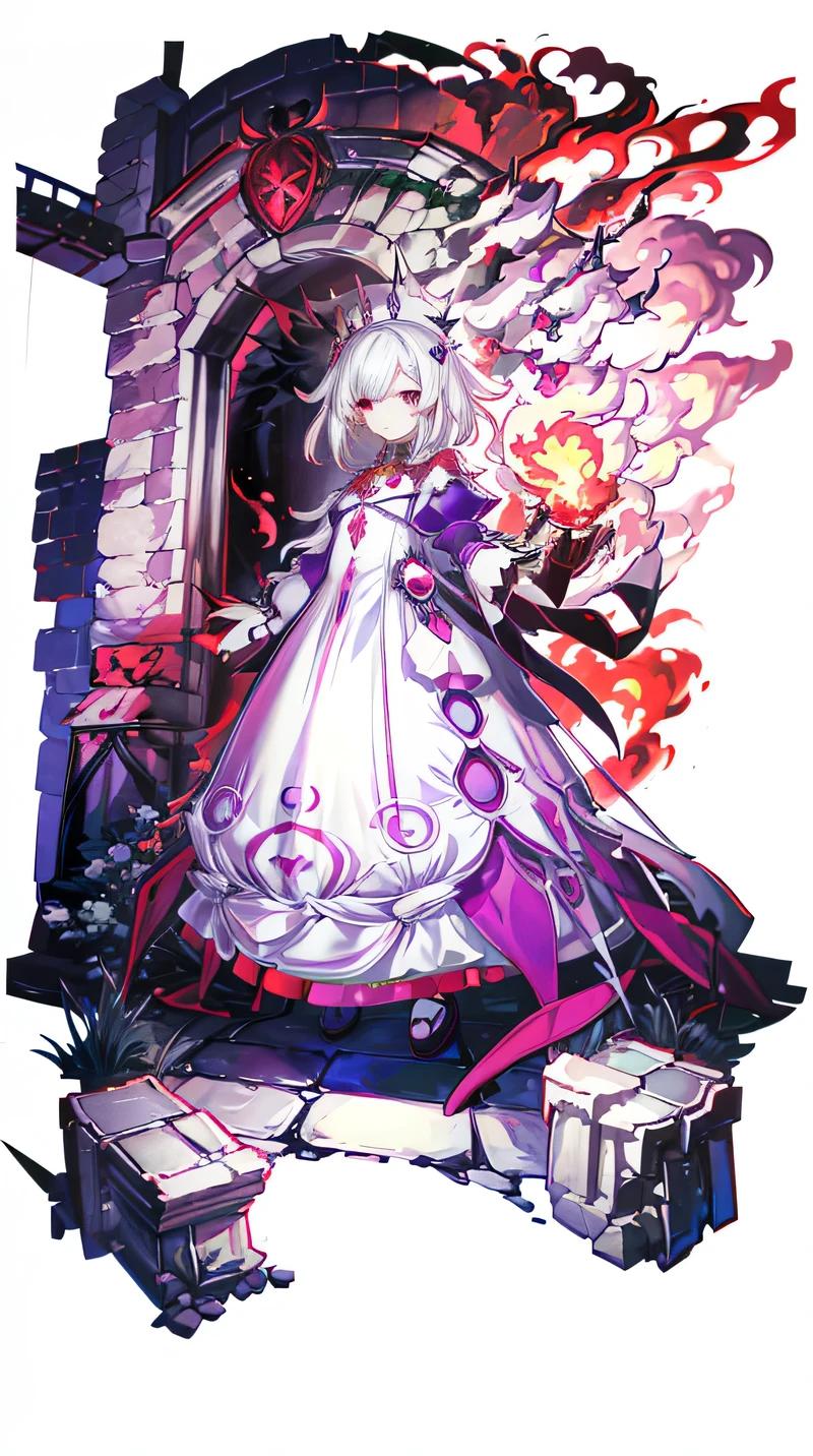 1Girl, white hair, puffy white sleeves, ((purple dress)), ((Long dress)), noble evening dress, red eye, ((Fire magic)), ((stone gate behind)), full body, The stone floor is cracked, black tree, dark