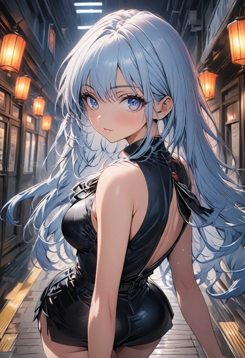 裸のGray Hairの少女、(Oil, masterpiece, Highest quality, Very detailed, Focus on the characters), Blushing、Detailed facial expressions，Detailed depiction of hair,([return:0.8]|[ face facing returnwards:1.1])、Starry Sky Scenario、Stick your butt out、Night view、Gray Hair、Curly Hair、ponytail、I can see the chikubi、Sweaty、Pee、Large Breasts