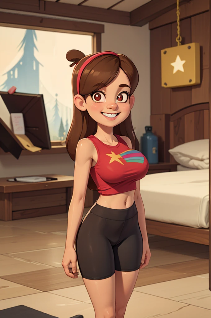 mabel, solo, adult, big boobs, thick thights, looking at the viewer, close in, florest background, smile, hands together, black croptop sleeveless, tight sports pants, slippers, glowing eyes