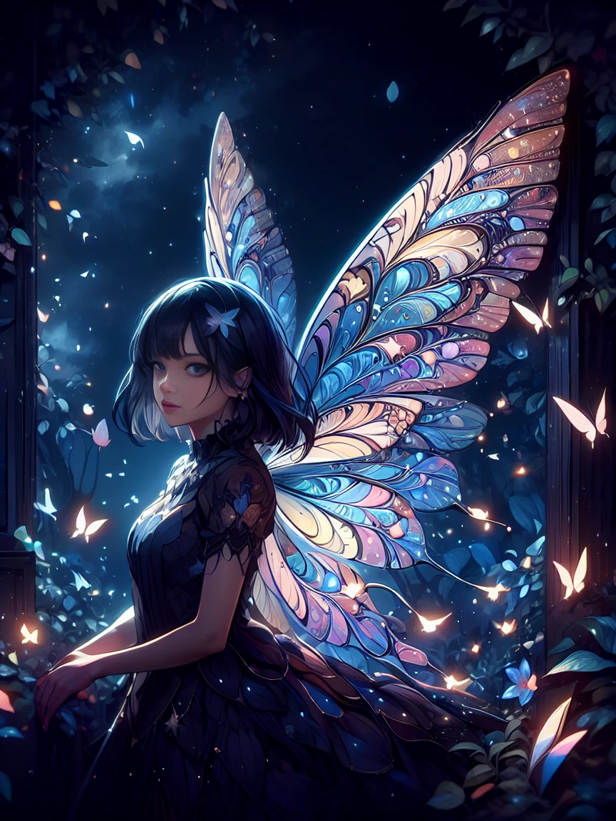 Movie, fairy child, Butterfly, forest, night, Fantasy Art, 8K, detailed, masterpiece, detailed background, detailed effect, ashblossom, pretty girl, white girl, beautiful girl, ((fairy child)), whole body, Black Hair, blue eyes, ((Leaf dress)), Ash Lamp, night sky, Star