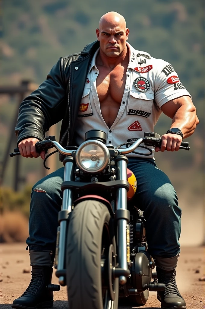 Big giant body builder white men wearing unbuttoned multi colored double pocket shirt on heavy motor bike