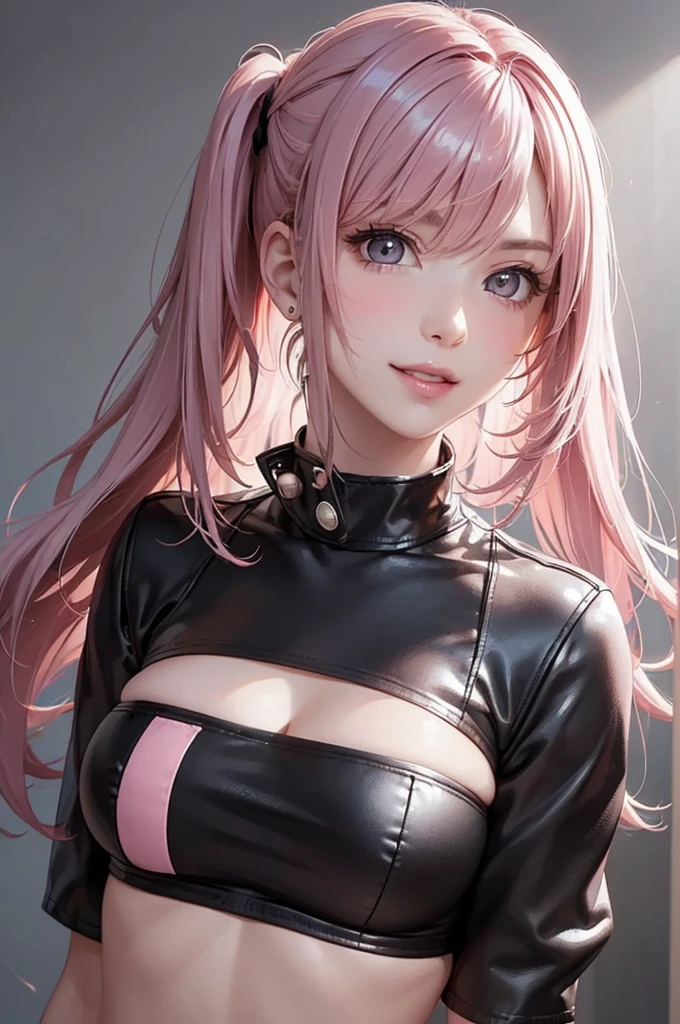 Best Quality,High resolution,8k,(plain white background, no patterns, no textures, just a plain white background:1.3),Masterpiece:1.2),beautiful girl,Big Breasts,(Shiny dark pink hair:1.3),messy hair,Beautiful pink eyes,A girl wearing a black leather jacket with metal studs, ripped jeans, and a band T-shirt, embodying a rebellious punk rock style,Gentle look,A refreshing look,smile,Best quality,Best Quality,Aesthetic and aesthetic:1.2,Best details((Super detailed))(High-definition CG illustrations),Slender body,smile,blush,cute,Scrounge,Looking up,Being spoiled,super model