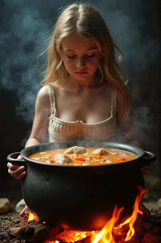 Girl with big breasts being cooked in a cauldron (on top of a fire) full of beans (realisitic)