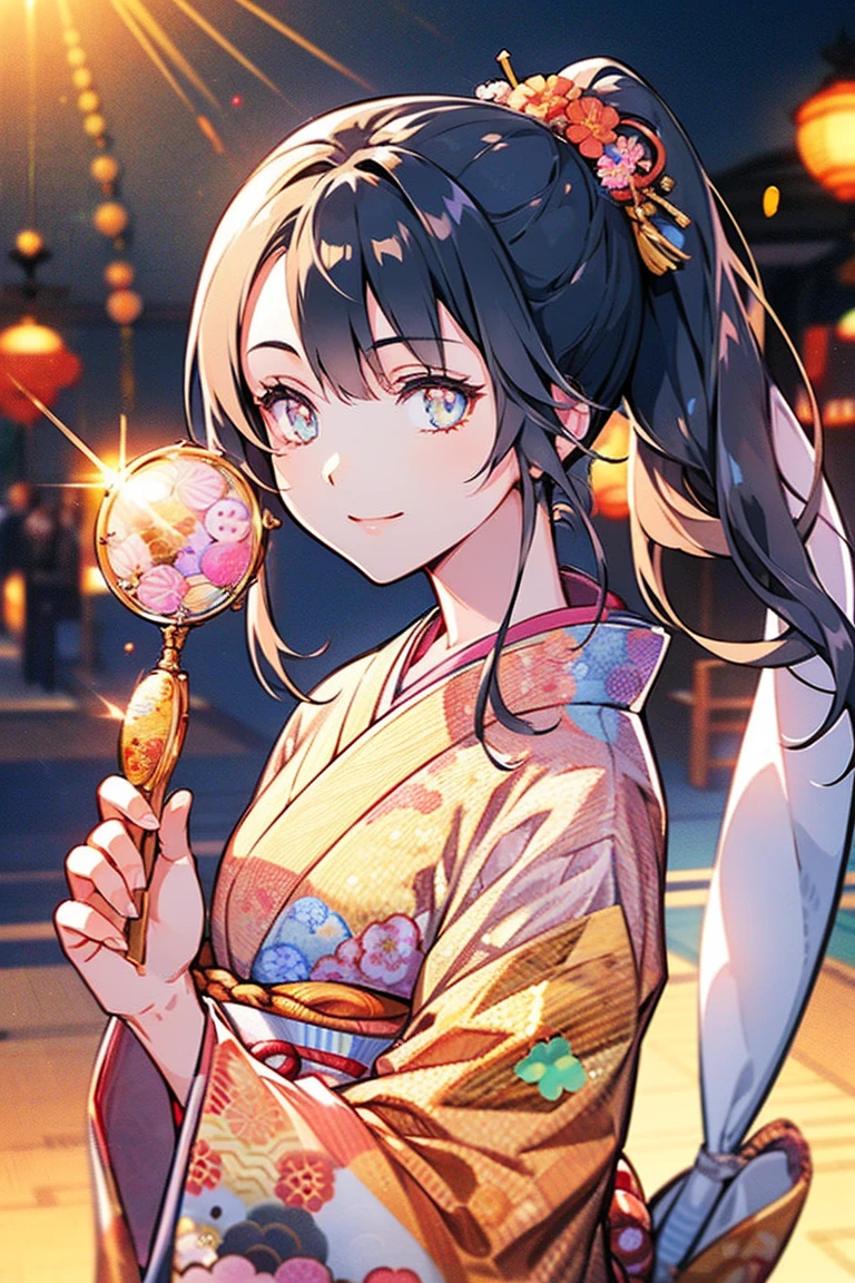 Japanese Girls, 8k, Highest quality, masterpiece, Fantasy, Photorealistic ultra-detailed, One Girl, cute, The best smile, Beautiful Eyes, black hair, ponytail, Perfect Face, ((holding a flower in her hand)), mirrornun, japanese clothes, kanzashi, hairpin, kimono, floral print, Particles of light, Glitter, Lens flare