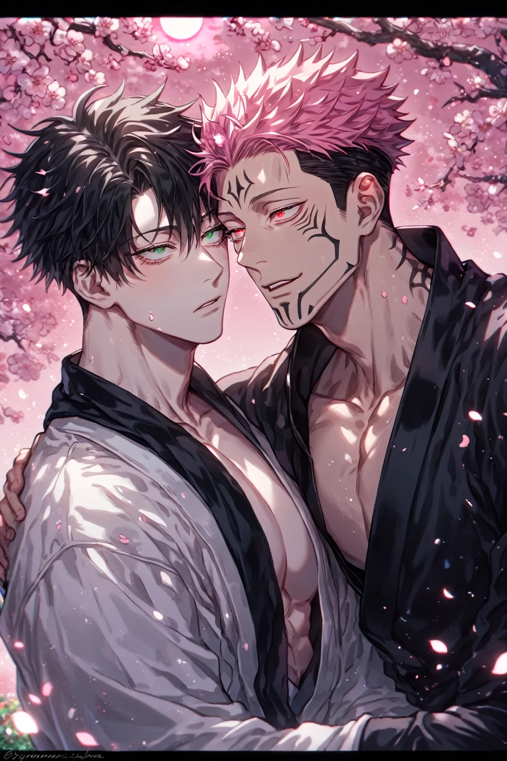 absurdres, highres, ultra detailed, HDR) master piece, best quality, Ryomen Sukuna, pink hair, expressive red eyes, Jujutsu Kaisen, Fushiguro Megumi, black hair, expressive green eyes, white eyelashes, two sexy men together, gay couple, yaoi, handsome, toned chest, black kimono, white kimono, patterns, black scarf, pink cherry blossoms, pink butterflies, pink glittering background, pink flowers, park