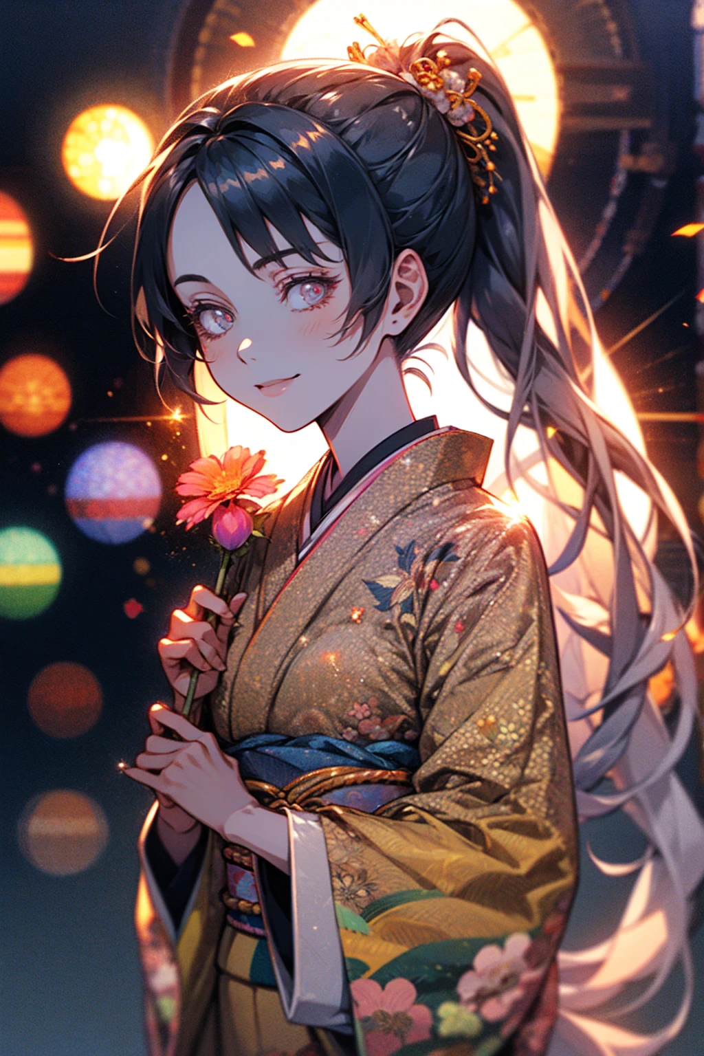 Japanese Girls, 8k, Highest quality, masterpiece, Fantasy, Photorealistic ultra-detailed, One Girl, cute, The best smile, Beautiful Eyes, black hair, ponytail, Perfect Face, ((holding a flower in her hand)), mirrornun, japanese clothes, kanzashi, hairpin, kimono, floral print, Particles of light, Glitter, Lens flare