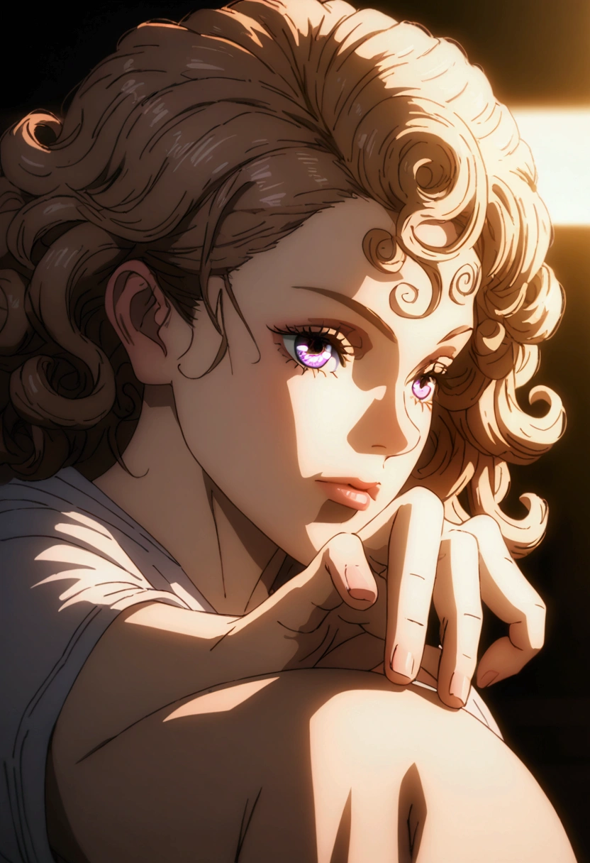 a brunette girl with curly hair,big breasts,sitting with legs stretched out,anime art,animerealistic,highres,8k,detailed face,detailed eyes,detailed lips,long eyelashes,beautiful detailed face,elegant pose,intricate details,delicate features,soft lighting,warm color palette,cinematic composition,studio lighting,depth of field,volumetric lighting,hyper detailed,masterpiece