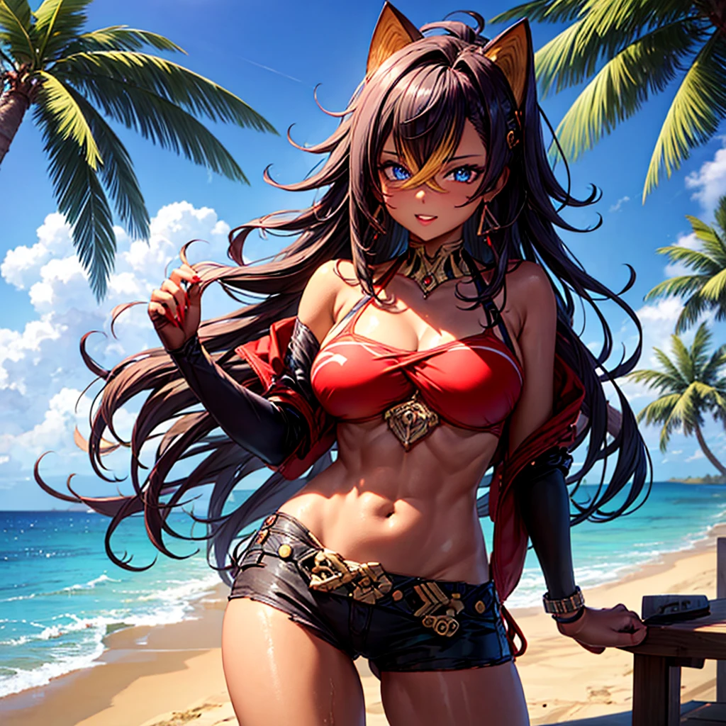 1woman, wearing a sexy cute bikini at beach, dehya's ears, high quality, high detailed, 8k,