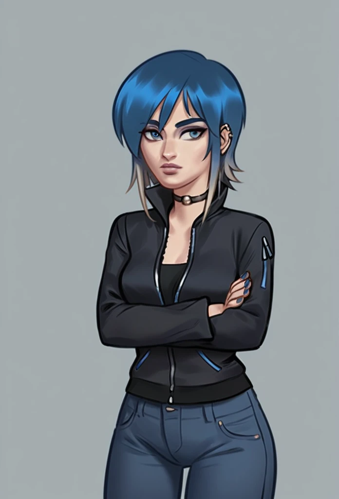 Eve, adult  woman, blue pixie hair, slim, wearing a black jacket, black jeans pants. crossed arms 