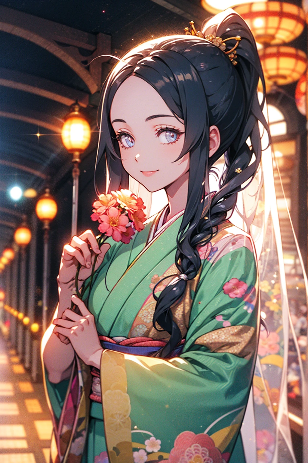 Japanese Girls, 8k, Highest quality, masterpiece, Fantasy, Photorealistic ultra-detailed, One Girl, cute, The best smile, Beautiful Eyes, black hair, ponytail, Perfect Face, ((holding a flower in her hand)), mirrornun, japanese clothes, kanzashi, hairpin, kimono, floral print, Particles of light, Glitter, Lens flare