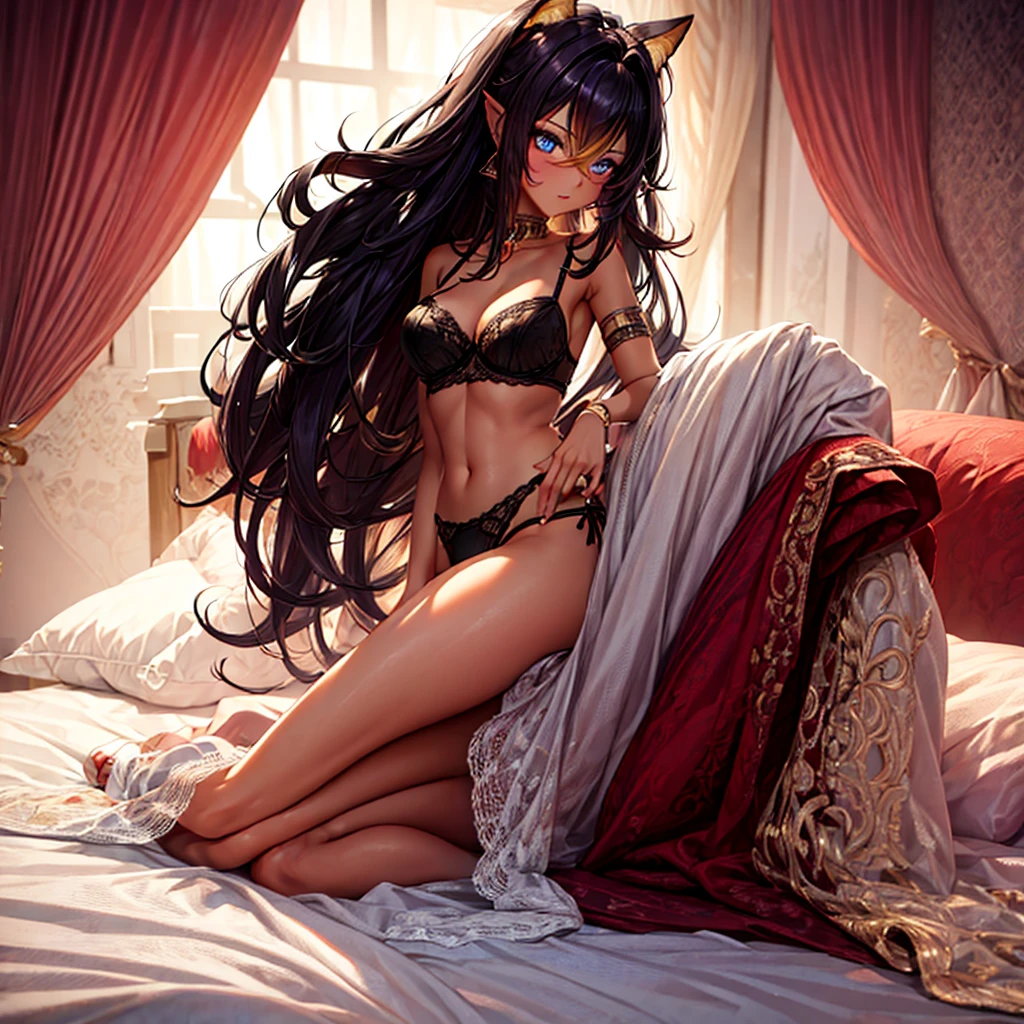 1woman, wearing a sexy lingerie, on a bed, dehya's ears, high quality, high detailed, 8k,