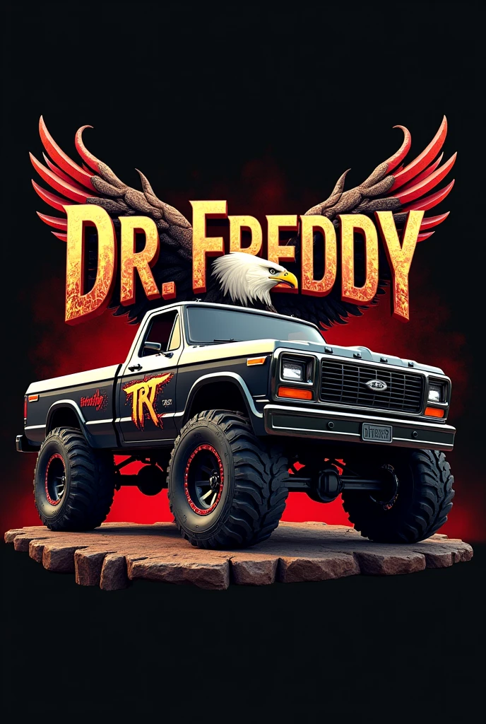 A captivating 3D rendered logo for "Team TRT" featuring a sleek and modern design. The bold one "TRT Team" intertwines with a sleek red and black 4x4RC pickup truck, showing its impressive bodywork on the doors, the text &#39;Dr.Freddy&#39; super lowered in red and big tires. The background is the image of the god ZEUS with a lightning bolt in his hand and a sophisticated and simple combination of elegant and modern fonts with vibrant details that feature the god ZEUS. The robust color palette creates a sense of high-quality action and a lively STORM atmosphere.. The ZEUS sign design radiates energy and excitement for those who love adrenaline-filled hobbies.