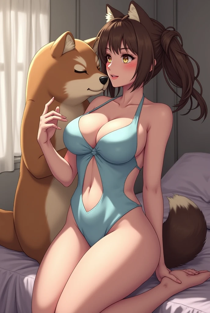 (anthro, fluffy fur, character focus:1.1), 1girl, anthro dog girl, body fur, solo, medium breasts, (thick thighs:0.3), curvy,(Swimsuit:1.2)