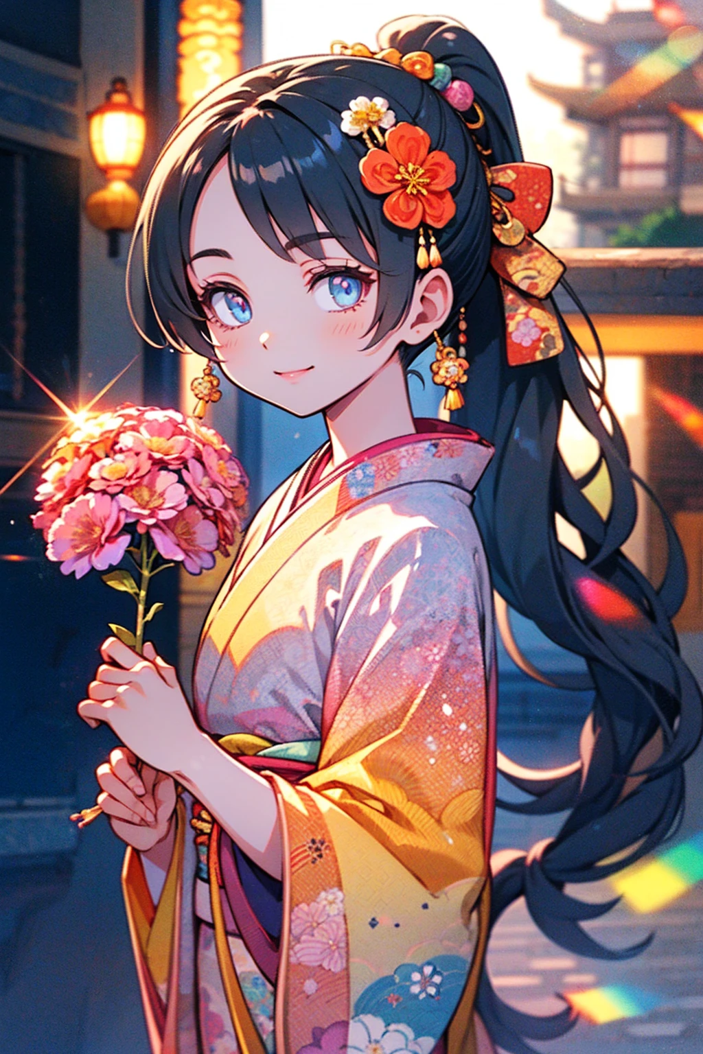 Japanese Girls, 8k, Highest quality, masterpiece, Fantasy, Photorealistic ultra-detailed, One Girl, cute, The best smile, Beautiful Eyes, black hair, ponytail, Perfect Face, ((holding a flower in her hand)), mirrornun, japanese clothes, kanzashi, hairpin, kimono, floral print, Particles of light, Glitter, Lens flare