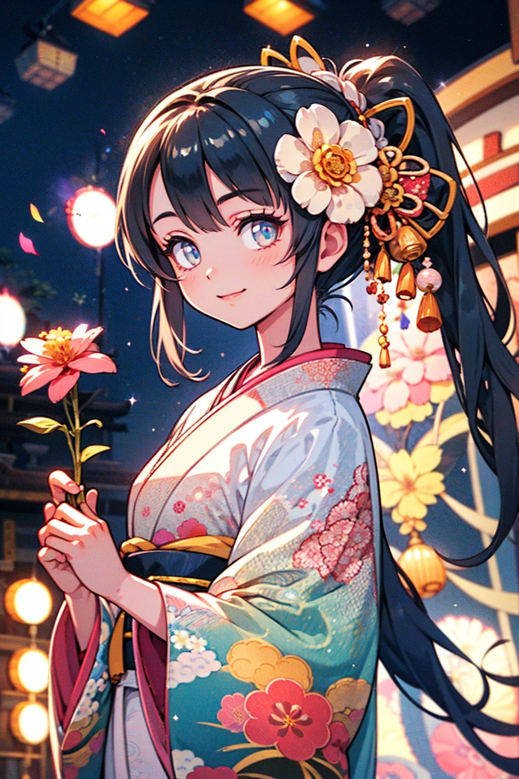 Japanese Girls, 8k, Highest quality, masterpiece, Fantasy, Photorealistic ultra-detailed, One Girl, cute, The best smile, Beautiful Eyes, black hair, ponytail, Perfect Face, ((holding a flower in her hand)), mirrornun, japanese clothes, kanzashi, hairpin, kimono, floral print, Particles of light, Glitter, Lens flare