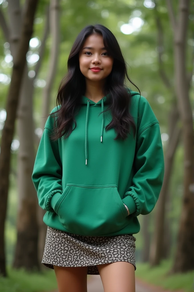 A realistic Asian female model standing and wearing a green sweat hoodie