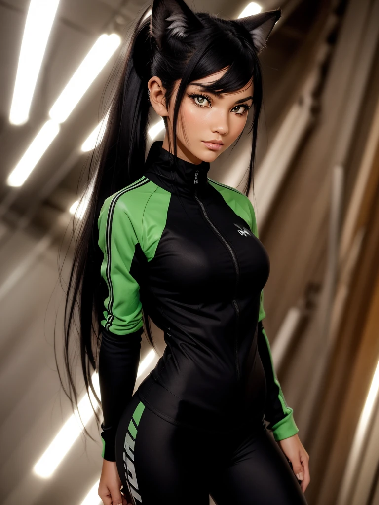 (best quality), 1girl, female, tanned skin, black hair, high ponytail, side swept bangs, long hair, green eyes, perfect eyes, running jacket, leggings, (wolf ears), smug, masterpiece, anatomically correct, highres
