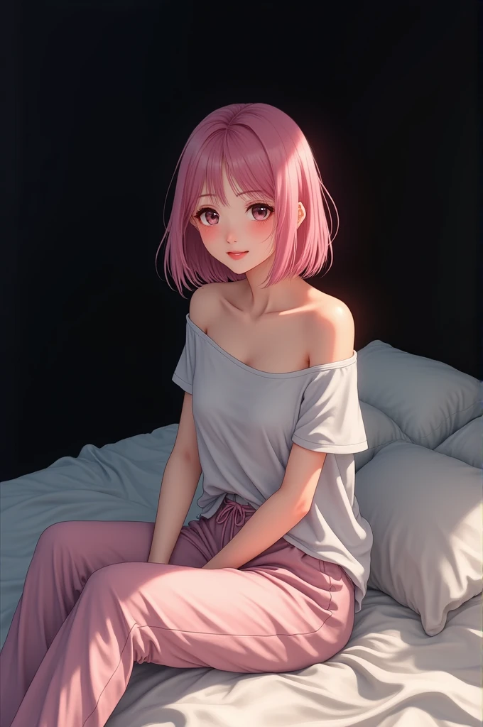 18 years old girls,tmasterpiece,Shy face,Bob Head,Light pink shirt,No bra,did not wear panties,The lower body is naked,Bare legged,Barefoot,sit on a bed,Snow-whiteskin,overcast day,with pink hair,a pink eyes,thick thight