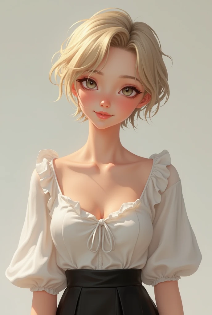 A Thai girl with blonde hair, short hair, cute, braces, big breasts, not a cartoon.