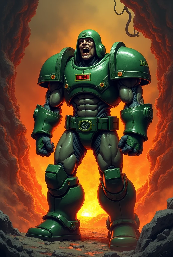 doom classic character, doomguy full body, Alone, illustration, 2d, surprised face, scared or surprised face, with a background as if I were in hell.