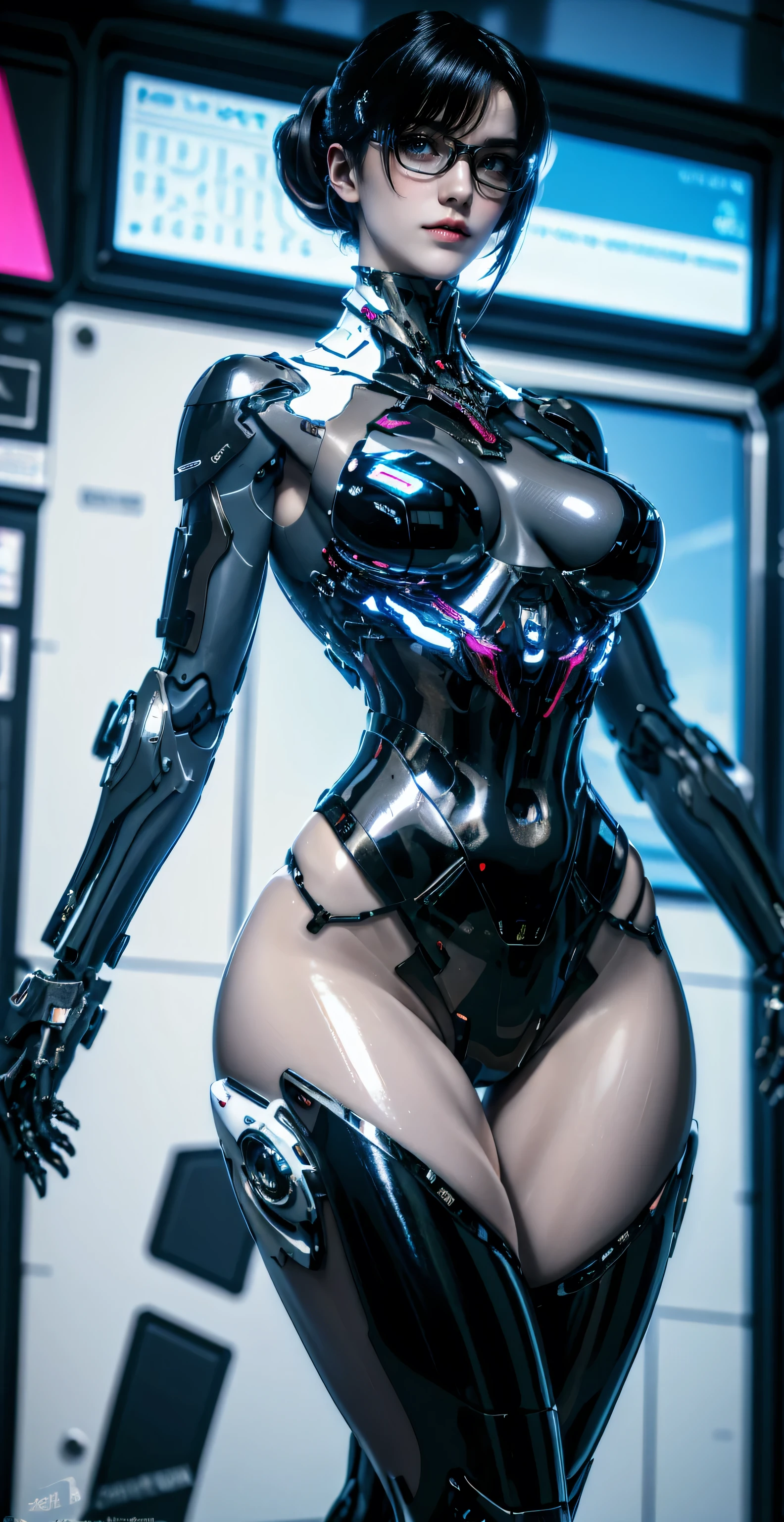 Ex Machina，（（masterpiece，Ultra-clear，high quality，Ultra Detailed）），Girl in tights，Wearing VR glasses，Cyberpunk style，Casual hairstyle，Exquisite facial features，Large Breasts，Thin waist，Reflective skin，Robotic Arm，Sci-fi style，（3d），Mecha，Telephoto，Realisian-Neg，8k