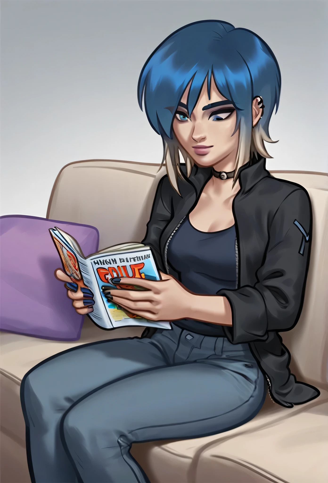 Eve, adult  woman, blue pixie hair, slim, wearing a black jacket, black jeans pants. sitting on a sofa. reading a magazine 