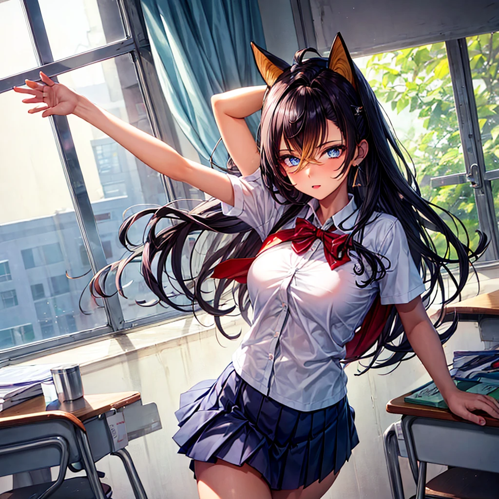 1woman, as a school girl, wearing a school uniform, white shirt with blue skirt, at a classroom, , dehya's ears, high quality, high detailed, 8k,