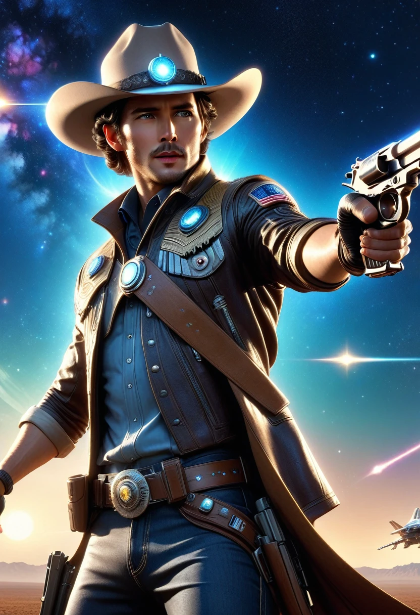 (best quality,4k,8k,highres,masterpiece:1.2),Space cowboy，ultra-detailed,realistic,galaxy,interstellar,1man，detailed eyes,detailed lips,cowboy aviation outfit,cowboy hat,technological clothing,light-emitting outfit.(((Hold a gun in both hands，aim)))，Correct human anatomy，body movements，Motion capture