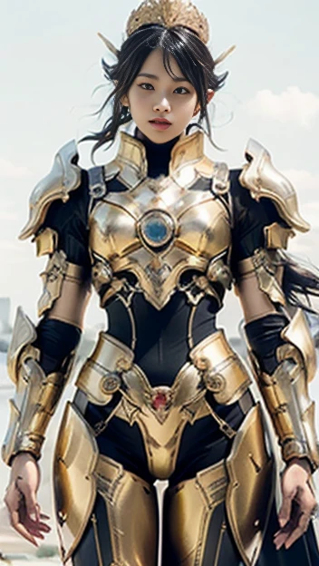 (Best Quality)), ((Masterpiece)), (Very Detailed: 1.3), 3D, master chef-mecha, Beautiful cyberpunk woman wearing crown, with master chef style armor, sci-fi technology, HDR (High Dynamic Range), ray tracing, nvidia RTX, super resolution, unreal 5, subsurface scattering, PBR texture, post-processing, anisotropic filtering, depth of field, maximum sharpness and sharpness, multi-layer texture, Specular and albedo mapping, surface shading, accurate simulation of light-material interactions, perfect proportions, octane rendering, duotone lighting, low ISO, red balance, rule of thirds, wide aperture, 8K RAW, high efficiency subpixels, subpixel convolution, light particles, light scattering, Tyndall effect, very sexy, full body, battle pose, silver hair with braids,