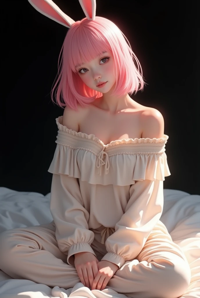 (extremely detailed CG unity 8k wallpaper), (masterpiece), (best quality), (ultra-detailed), (best illustration), (best shadow), (photorealistic:1.4), 1girl on bed, Kpop idol, ((very oversize sweater, buttoned sweater, open sweater)), (grey hair:1.1), no bra, collarbone, no panties, (small breasts:1.3), looking at viewer, smile, full body, open legs, pussy, sweat on body,<lora:yaeMikoRealistic_yaemikoMixed:0.6>