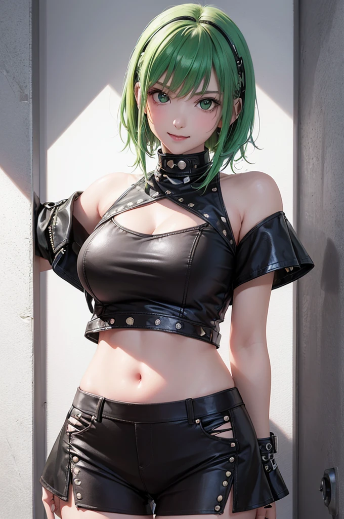 (((Only 1 woman))), ((side shot)), masterpiece, 8k, high quality, ultra detailed, anime style, CG Unity, beautiful anime woman, ((30 years old, rockstar)), (((pale skin: 1.3))), wearing sexy (((leather outfit, miniskirt))), (((cleavage: 1.3))), (((green and pink hair))), blue eyes, ((perfect body)), (((breasts:1, waist:1.1, hips:0.9, toned legs:1))), looking directly to camera, sexy gaze, sexy smile, ((lucious lips)), (((sexy pose))), it is an (((artificial lighted scene))) in a rock stage club