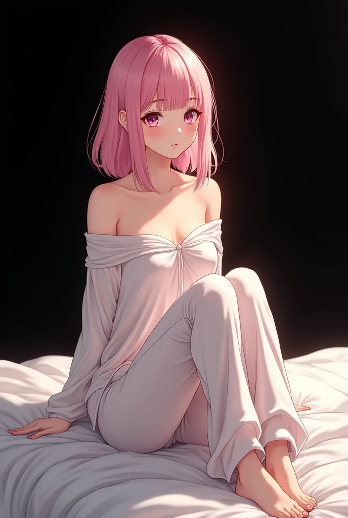 ((masterpiece)), ((Best Quality)), (Ultra-detailed), Anime style, Cute , 1girl in, Solo, 8k, sitting on the bed , no pant,no bra , young girl , flat chest, bare shoulders