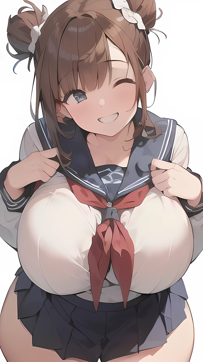 (Voluptuous figure:1.5),Chubby body type,(Big Breasts:1.7),Brown Hair,(Top knot:1.2),(hair accessory,Scrunchie),((((happiness,smile))),BREAK,(Navy Blue,Cute Sailor Uniform,Checkered Pleated Skirt)