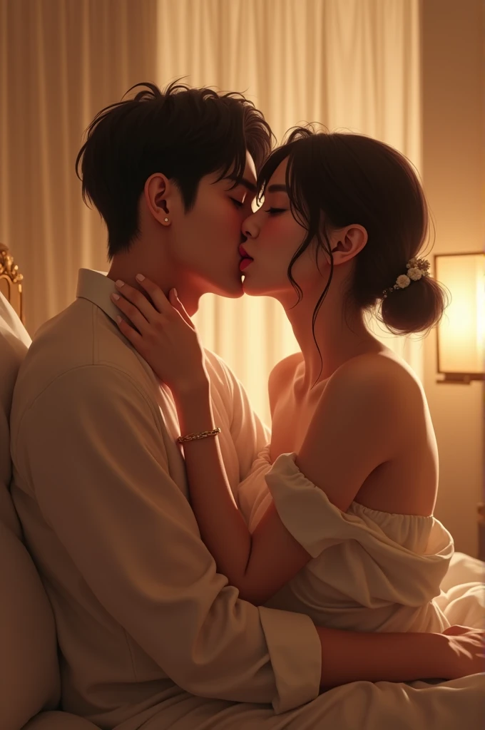 Boy and girl aggressively making out, on bed, night time, curious, nervous, blushing, sweating, first time