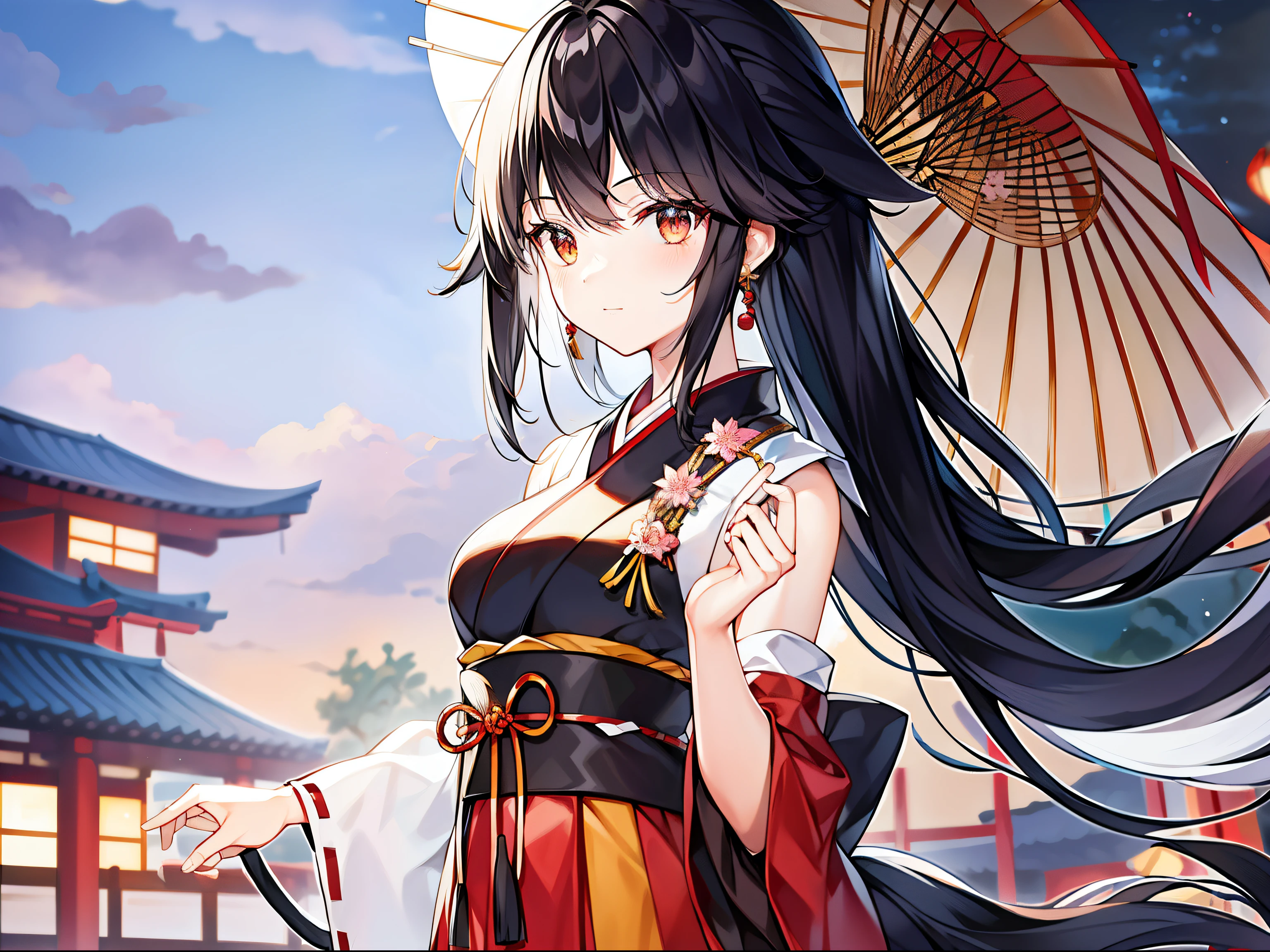 generate a picture of a black hair miko wearing traditional Japanese outfit