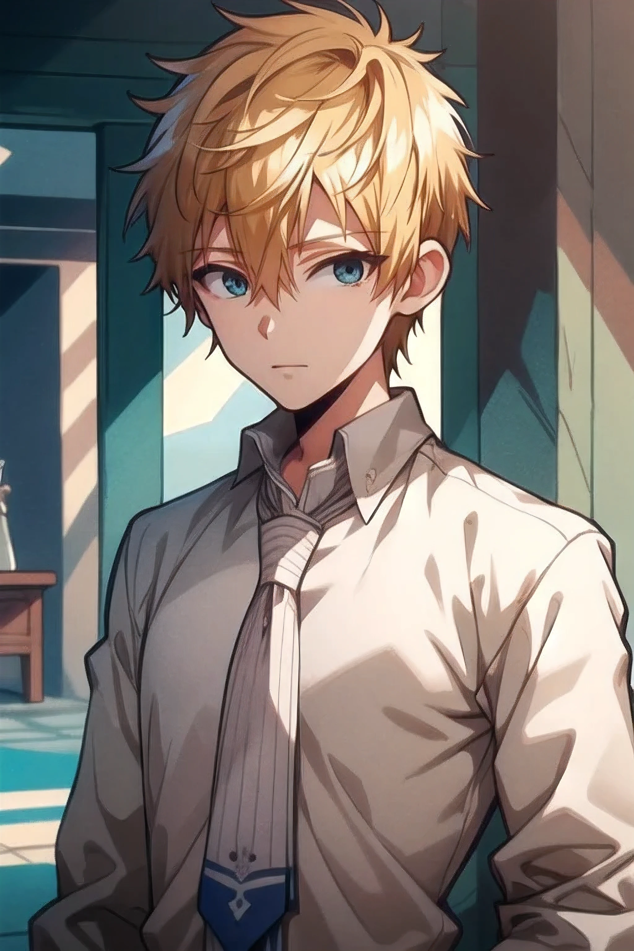 masterpiece, best quality, game cg, 1boy, solo, male focus, looking at viewer, upper body, , , realistic, teru_minamoto, blonde hair, blue eyes, , Shambhala: A hidden paradise where enlightened beings live in perfect harmony,