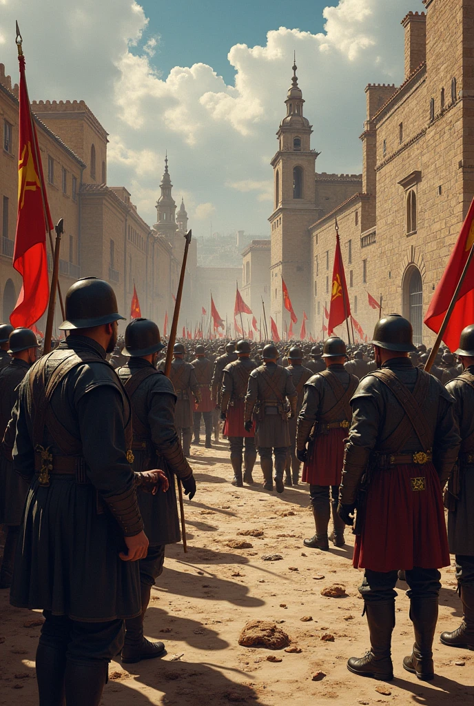 Epic battle in the Middle Ages between factions of Lorraine and the Vikings in front of the ramparts of Thionville with flames and gleaming weapons with a hero in the foreground and including a legendary creature from the Moselle