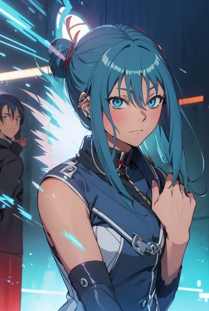 1 , 独奏, vampires.anatomically correcte,  cyan hair, cyan blue hair, Bullish, big-ass, big ass, cyan eye, brunette skin, slightly tanned.hair with highlights, Hair with sideburns,  clothes of a noblewoman. human. standing.