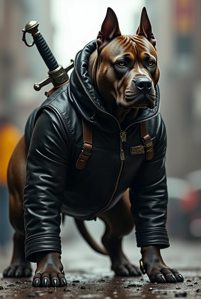Photo of a dog breed American Bully, coat color chocolate brown, hat and scarf,trends in art station,wear fashionable clothes,hyperrealistic detailed visualization,Urban style,intimidating pose,Planet of Dogs,Fashionable outfit,urban samurai,doggy,Wearing a working cap,Stylish cityscape