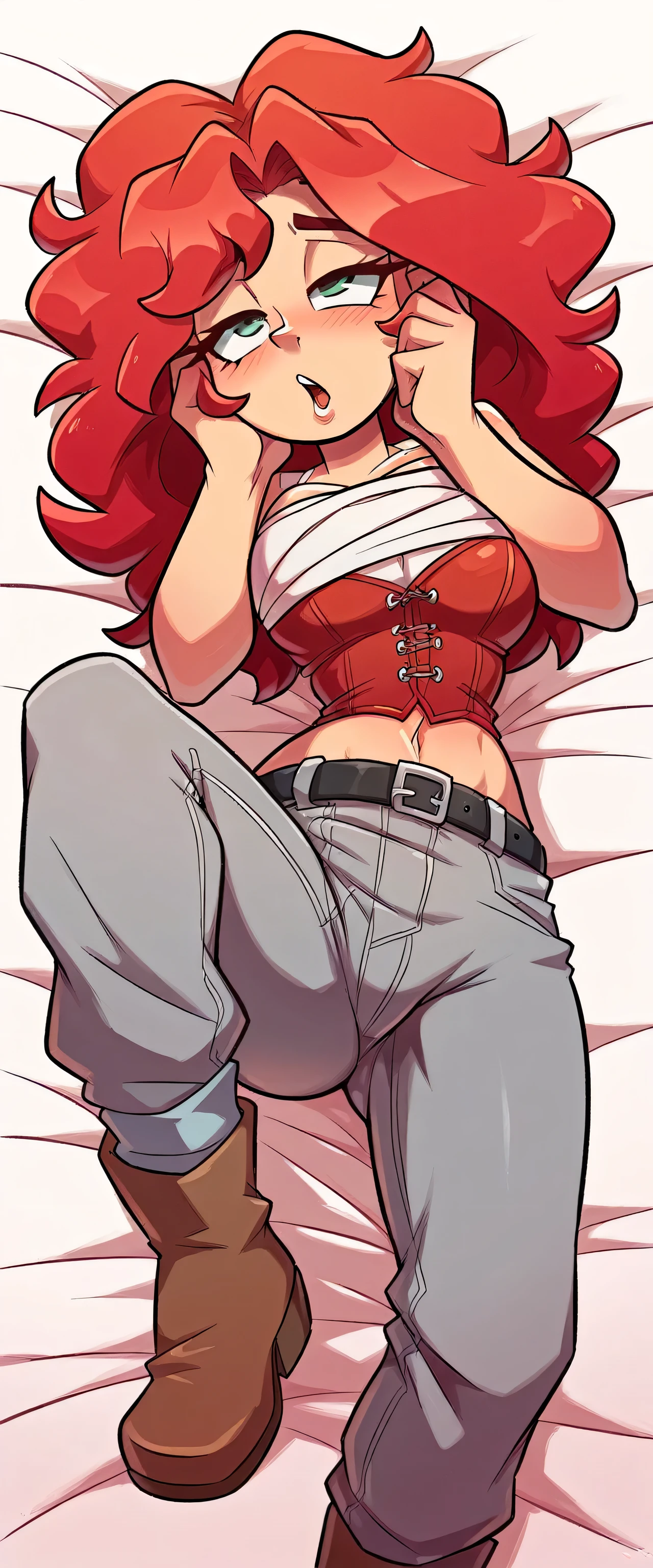 A tall sexy nice friendly big breast happy soviet russian military girl long smooth red hair her brown eye pink lip wears bra metallic green boob black patch chest waist yellow ribbon and her big metallic green pants thigh sensual big yellow boot wears winter cap soviet black in love bed