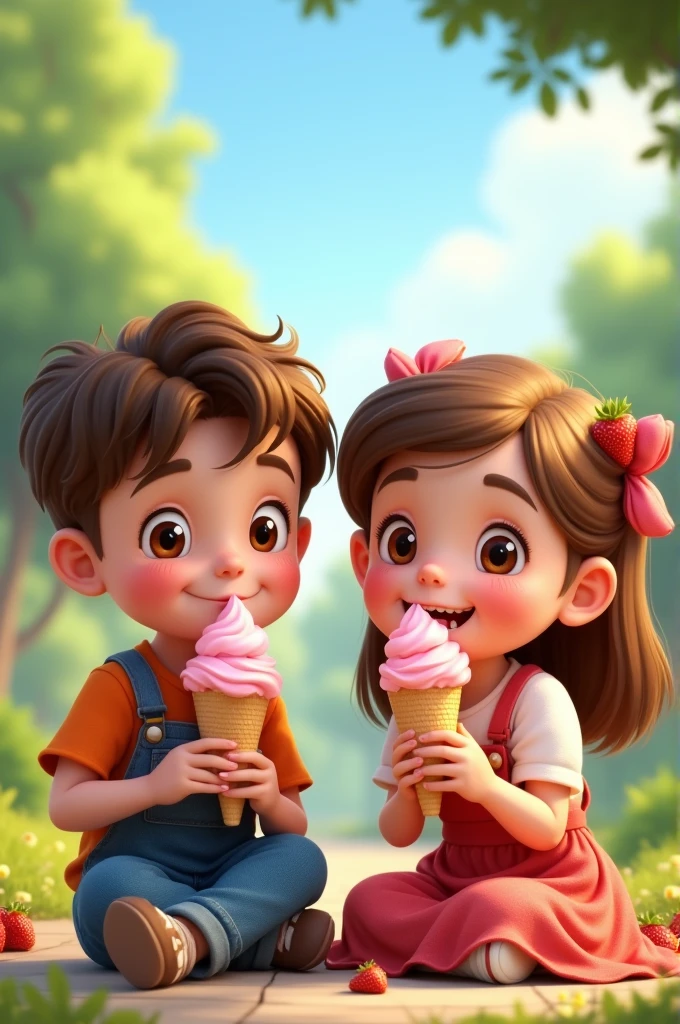 A boy bestu and girl bestie eat a ice cream