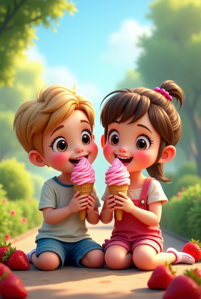 2 children eat ice cream at the park, anime, 2d, comics