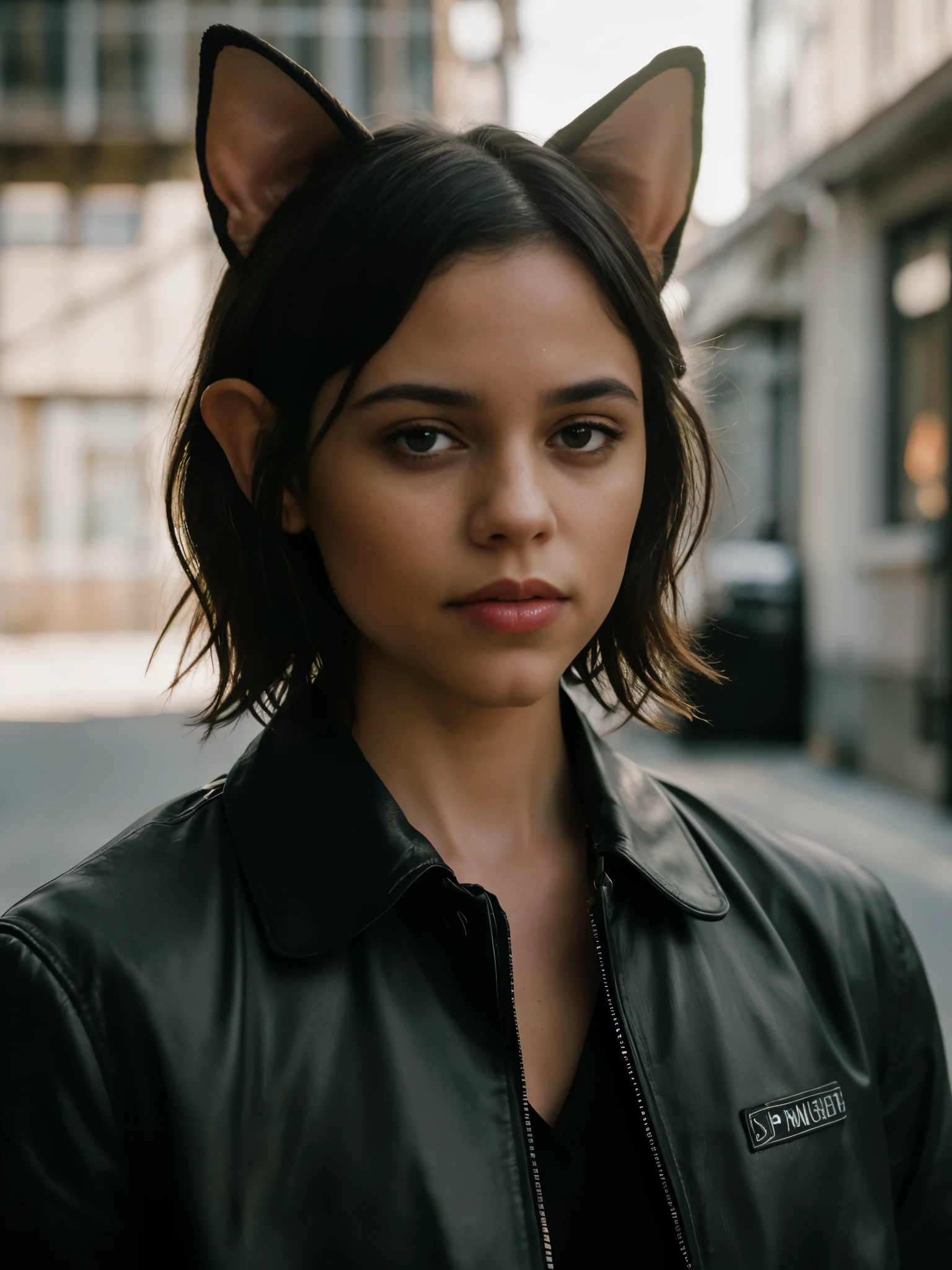 Photo of Jortega in a motorcycle club jacket, dark street, dark alley, solo, (elf ears), inverted bob haircut, hyper-detailed, looking at the viewer, hourglass body, muscular, voluptuous, dark atmosphere, photography, photo shoot, ethereal lighting, captured by Panavision Panaflex Platinum camera with Panavision Primo Primes 50 mm T1.9 spherical lens