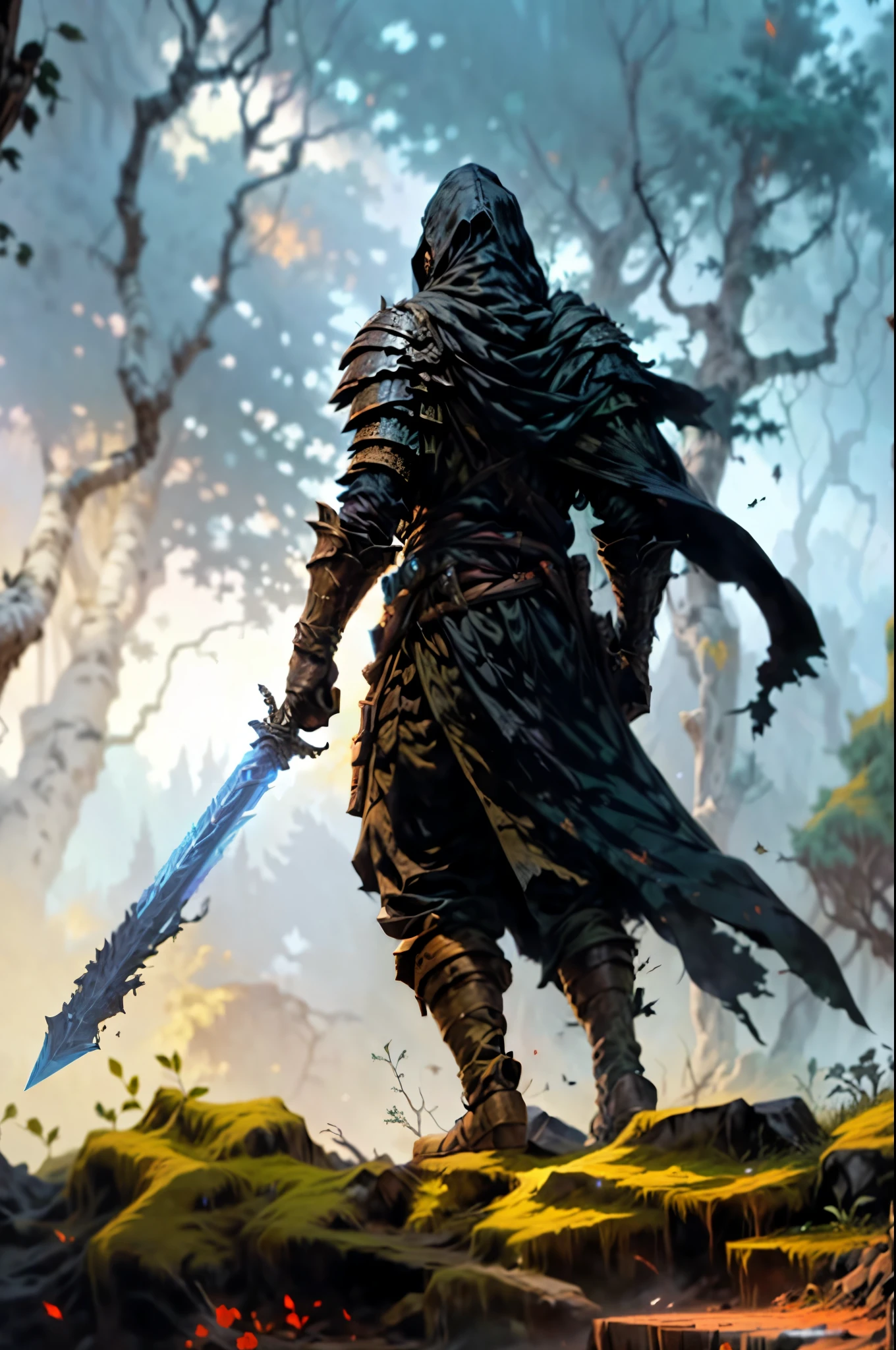 A assassin with a sword on a rocky surface, hold sword in the forest, armor, wearing white hoodie, cover game art, medieval fantasy game art, style of duelyst, epic fantasy art style, swordsman, detailed game art, digital 2d fantasy art, 3 rd person action adventure rpg, detailed digital 2d fantasy art, epic fantasy digital art style