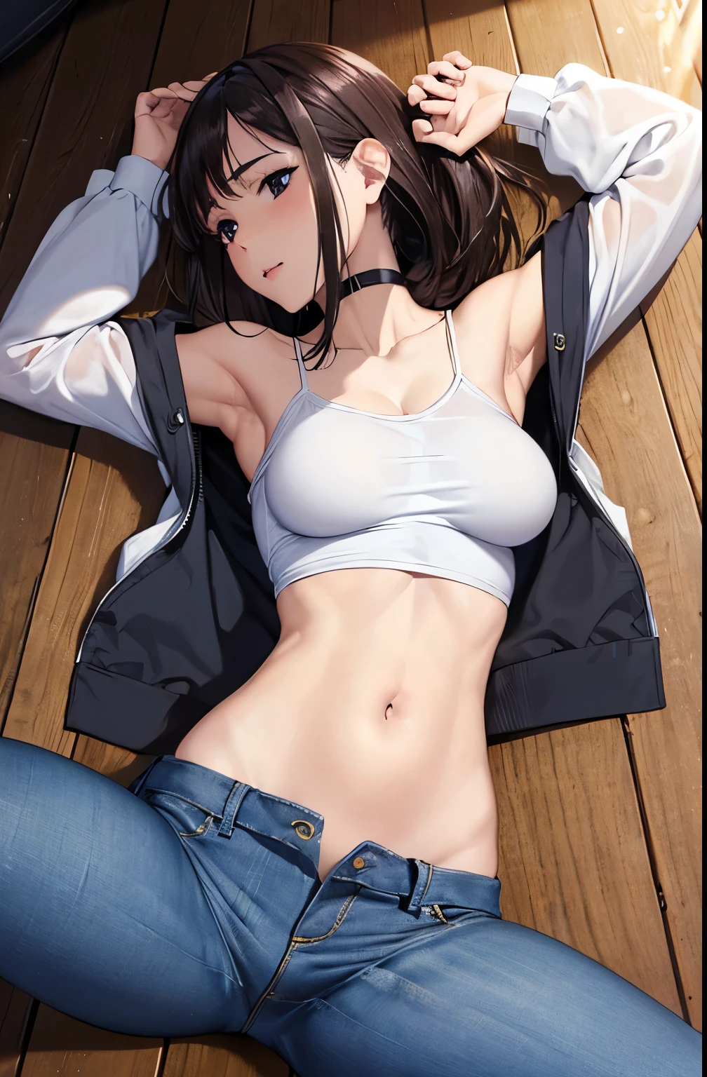 Masterpiece, best quality, Highly detailed, Ultra high resolution, Speed idol, 1 woman, alone, perfect body, hair accessories, glossy lips, Medium bust, diaphragm, Long jeans, rift, jacket, ponytail, hands in pocket, Show abdomen, Revealing the lower abdomen，sexy belly, long black hair, ((wide Open the abdomen.))、((Open the abdomen.))、((wide Open the navel))、((Open the navel))、((Empty stomach))、((Very low waist))、 ((Navel expulsion)), nature(Medium bust), lying on the floor, spread your legs